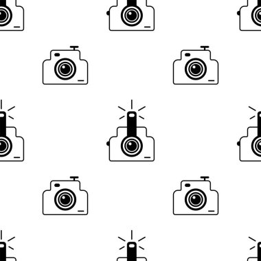 Fotoğraf kamerası sorunsuz desen. Beyaz ve siyah arka plan. Soyut geometrik şekil dokusu. Duvar kağıtları, sarma, tekstil için tasarım şablonu. Vektör İllüstrasyonu