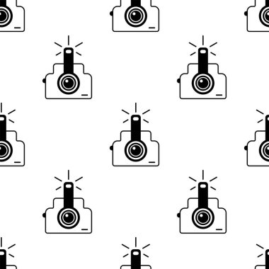 Fotoğraf kamerası sorunsuz desen. Beyaz ve siyah arka plan. Soyut geometrik şekil dokusu. Duvar kağıtları, sarma, tekstil için tasarım şablonu. Vektör İllüstrasyonu