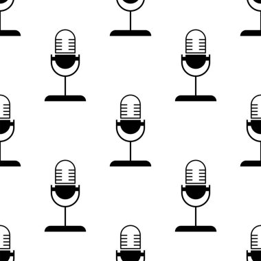 Mikrofon simgesi sorunsuz desen. Beyaz ve siyah arka plan. Soyut geometrik şekil dokusu. Duvar kağıtları, sarma, tekstil için tasarım şablonu. Vektör İllüstrasyonu