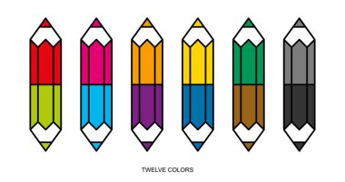 Düz doğrusal tasarım. Uygulamalar ve web siteleri için kalem simgesi. Renkli kalemler seti. 12 renk. Vektör çizimi.