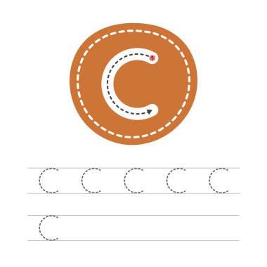 Learning to write a letter - C. A practical sheet from a set of exercises for the development and education of children. Writing a letter from the English alphabet. Vector illustration. clipart