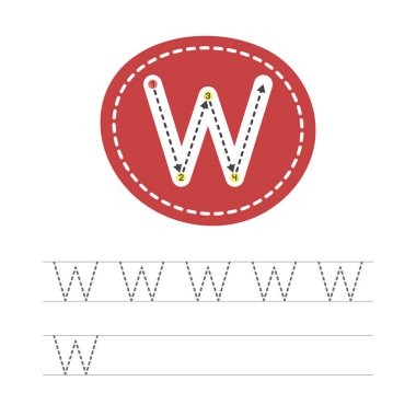 Bir mektup yazmayı öğrenme - W. Çocukların gelişimi ve eğitimi için bir dizi alıştırmadan pratik bir sayfa. İngiliz alfabesinden bir harf yazımı. Vektör çizimi.