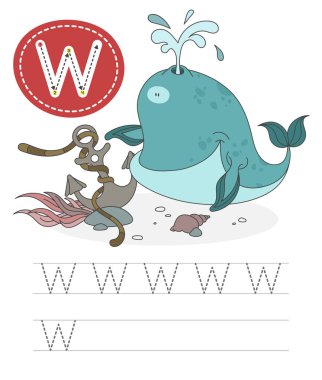 Learning to write a letter - W. A practical sheet from a set of exercises game for kids. Funny water inhabitant with letter. Spelling the alphabet. Child development and education. Whale - Vector.
