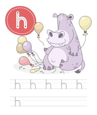 Mektup yazmayı öğrenmek. Çocuklar için bir takım alıştırma oyunundan pratik bir sayfa. Mektuplu komik hayvan çizgi filmi. Alfabeyi heceliyorum. Çocuk gelişimi ve eğitim. Hippopotamus - Vektör.