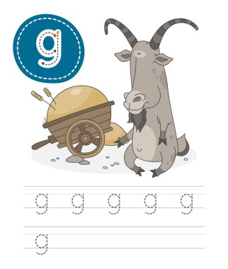Bir harf yazmayı öğrenmek - G. Çocuklar için bir takım egzersiz oyunundan pratik bir sayfa. Mektuplu komik çiftlik hayvanı çizgi filmi. Alfabeyi heceliyorum. Çocuk gelişimi ve eğitim. Keçi - Vektör.