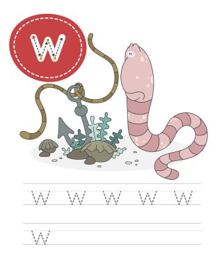 Mektup yazmayı öğrenmek, çocuklar için bir takım alıştırma oyunundan pratik bir sayfa. Komik omurgasız yaratık mektupla birlikte. Alfabeyi heceliyorum. Çocuk gelişimi ve eğitim. Solucan - Vektör