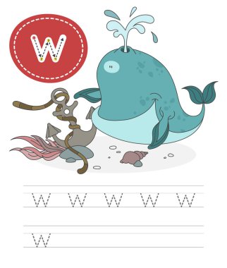  Mektup yazmayı öğrenmek, çocuklar için bir takım alıştırma oyunundan pratik bir sayfa. Mektubu olan komik bir karikatür sakini. Alfabeyi heceliyorum. Çocuk gelişimi ve eğitim. Balina - Vektör.