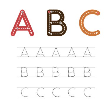 Mektup yazmayı öğrenmek - A, B, C. Çocukların gelişimi ve eğitimi için yapılan bir dizi egzersizin pratik sayfası. İngiliz alfabesinden bir mektup yazıyorum. Vektör illüstrasyonu.