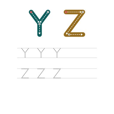 Bir harf yazmayı öğrenmek - Y, Z. Çocukların gelişimi ve eğitimi için yapılan bir dizi egzersizin pratik sayfası. İngiliz alfabesinden bir mektup yazıyorum. Vektör illüstrasyonu.