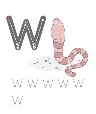 Mektup yazmayı öğrenmek, çocuklar için bir takım alıştırma oyunundan pratik bir sayfa. Komik omurgasız yaratık mektupla birlikte. Alfabeyi heceliyorum. Çocuk gelişimi ve eğitim. Solucan - Vektör