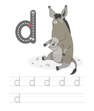 Mektup yazmayı öğrenmek, çocuklar için bir takım alıştırma oyunundan pratik bir sayfa. Harfli komik kuş. Alfabeyi heceliyorum. Çocuk gelişimi ve eğitim. Eşek - Vektör.