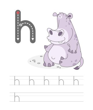 Mektup yazmayı öğrenmek, çocuklar için bir takım alıştırma oyunundan pratik bir sayfa. Harfli komik hayvan çizgi filmi. Alfabeyi hecele. Çocuk gelişimi ve eğitim. Hippopotamus - Vektör.