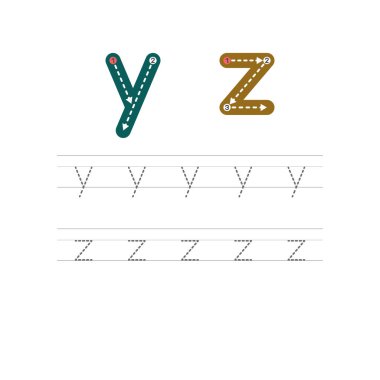 Bir harf yazmayı öğrenmek - Y, Z. Çocukların gelişimi ve eğitimi için yapılan bir dizi egzersizin pratik sayfası. İngiliz alfabesinden bir mektup yazıyorum. Vektör illüstrasyonu.