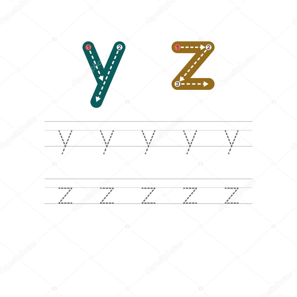 Learning to write a letter - Y,Z. A practical sheet from a set of exercises for the development and education of children. Writing a letter from the English alphabet. Vector illustration.