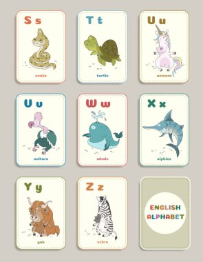 Çocukların eğitimi için bir kart seti. İngiliz alfabesini öğreniyorum. Kartlarda komik karikatür hayvanları var. Gri bir arka planda izole edilmiş. Vektör illüstrasyonu. 