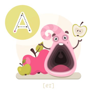 Learning the English alphabet. Funny cartoon character with apples and letter. The way to write a letter with transcription. Vector illustration clipart