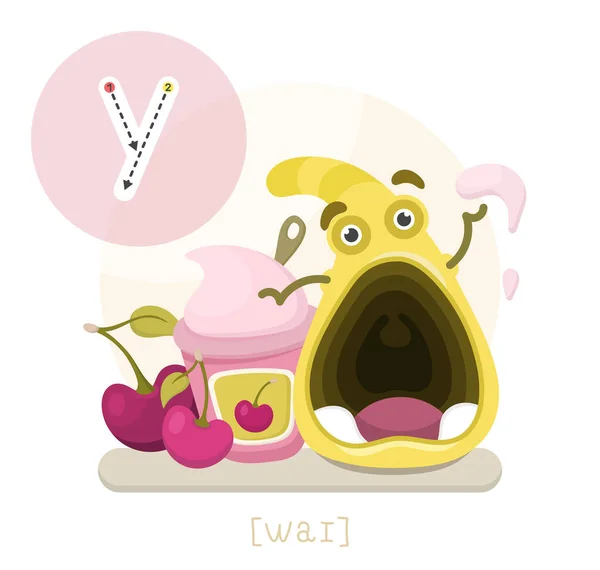 Apprendre Alphabet Anglais Drôle Personnage Dessin Animé Avec Yaourt Lettre — Image vectorielle