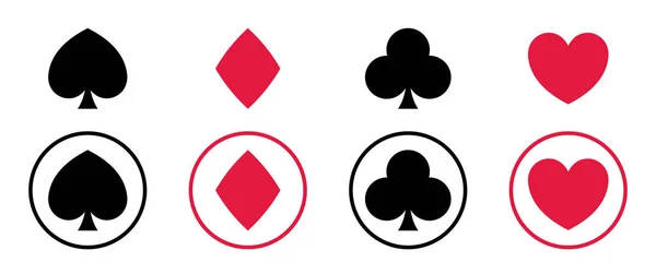 Jugar Los Palos Cartas Iconos Planos Trajes Negros Rojos Objetos — Vector de stock