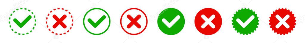 Check mark and red cross icons. Yes and no. Isolated vector elements