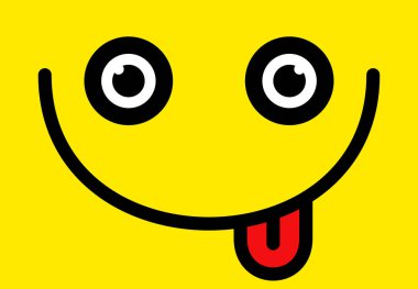 Arkaplanda yüz ifadeleri var. Duygusal bir geçmiş. Gözleri, ağzı ve dili olan neşeli bir gülümseme. Vektör illüstrasyonu.