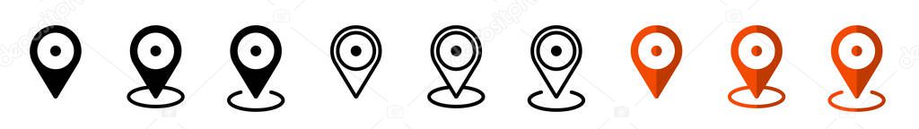 Map location icons set. GPS location. A set of black, outline and red icons. Isolated vector elements.