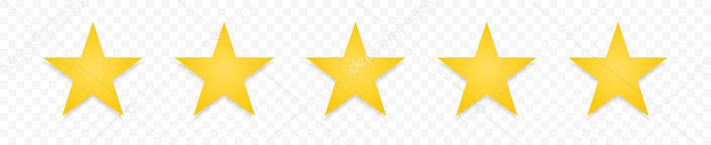 Quality rating symbols. Set of five-pointed yellow stars with shadow isolated on transparent background. Product quality assessment icons. Vector illustration.