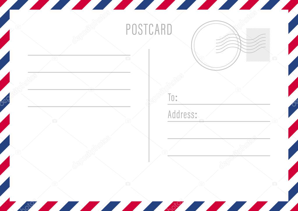 Postcard reverse side template. White sheet with lined text and striped border. Vector illustration.