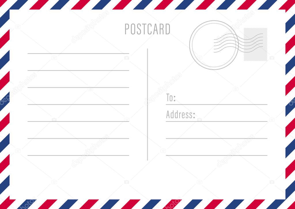 Postcard reverse side template. White sheet with lined text and striped border. Vector illustration.