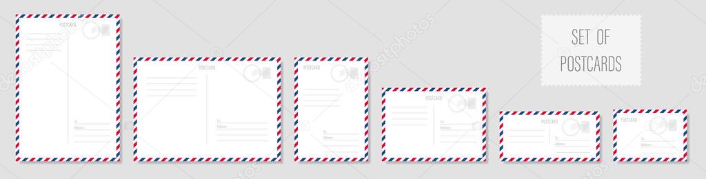 A set of postcards. The template of the reverse side of a postcard of different formats. Vector illustration.