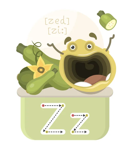 Lernen Des Englischen Alphabets Lustige Comicfigur Mit Zucchini Und Buchstaben — Stockvektor