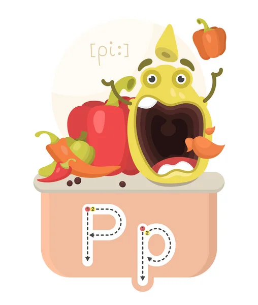 Uczę Się Angielskiego Alfabetu Zabawna Postać Kreskówki Papryką Listem Sposób — Wektor stockowy
