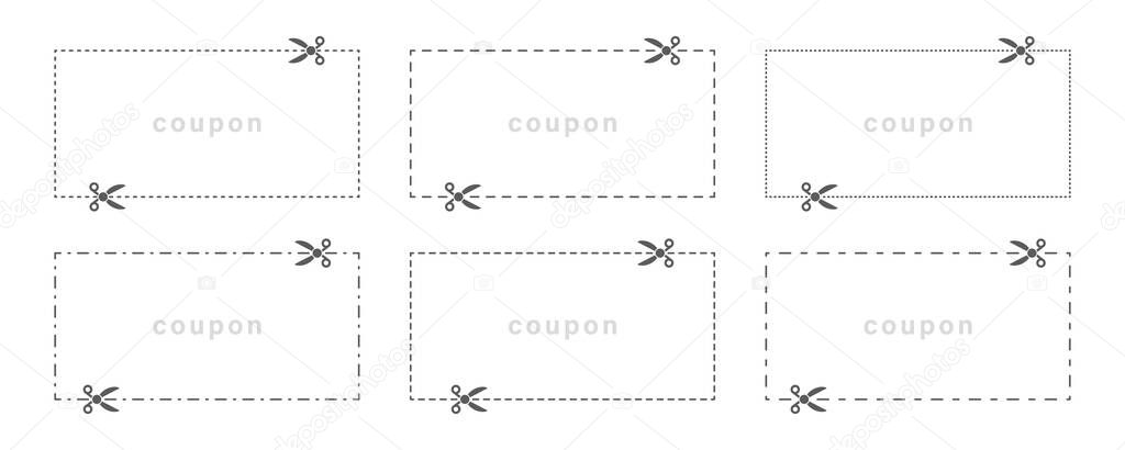 Coupon template. Cut along the dotted line. Dotted line with scissors. Isolated on white background vector elements.