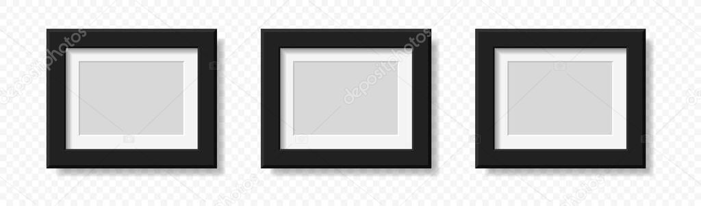 Realistic photo frame template. Set of dark rectangular photo frames on a plane with a shadow. Vector elements isolated on transparent background.