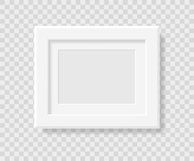 Gerçekçi fotoğraf çerçevesi şablonu. Gölgesi olan bir uçakta beyaz dikdörtgen bir fotoğraf çerçevesi. Vektör ögesi şeffaf arkaplanda izole edildi.