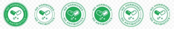 Antibiyotik etiketi yok, hormonlar bedava çiftlik tavuğu, sığır eti ya da domuz eti vektör logosu. Doğal sağlıklı antibiyotikler ücretsiz ürün sertifikası mührü. Bilgi etiketi. Vektör.