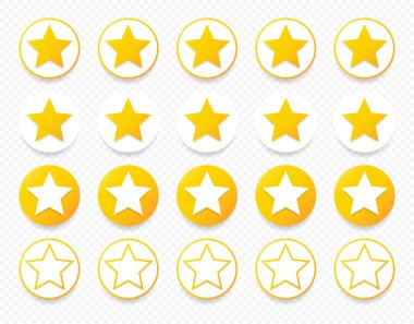 Kalite değerlendirme sembolleri. Beş köşeli sarı yıldızlar, gölgeli bir daire çiziyorlar. Şeffaf bir arkaplanda izole edilmiş. Ürün kalitesi değerlendirme simgeleri. Vektör illüstrasyonu.