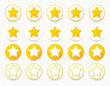 Kalite değerlendirme sembolleri. Beş köşeli sarı yıldızlar, gölgeli bir daire çiziyorlar. Şeffaf bir arkaplanda izole edilmiş. Ürün kalitesi değerlendirme simgeleri. Vektör illüstrasyonu.