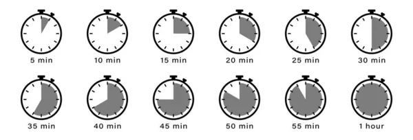 Timer Conjunto Ícones Lineares Planas Contagem Regressiva Modo Minutos Símbolos —  Vetores de Stock