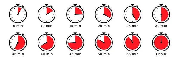 Timer Conjunto Ícones Lineares Planas Contagem Regressiva Modo Minutos Símbolos — Vetor de Stock