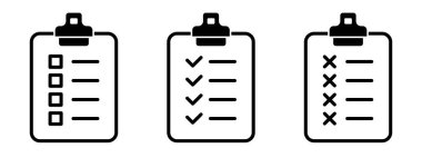 Pano düz simgesi. Kontrol listesi belgesi. Boş hücreleri, haçları, işaretleri ve metinleri olan bir tablet klasörüne iliştirilmiş bir belge. Beyaz arkaplanda izole edilmiş vektör.