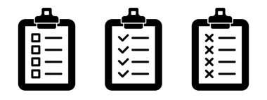 Pano düz simgesi. Kontrol listesi belgesi. Boş hücreleri, haçları, işaretleri ve metinleri olan bir tablet klasörüne iliştirilmiş bir belge. Beyaz arkaplanda izole edilmiş vektör.