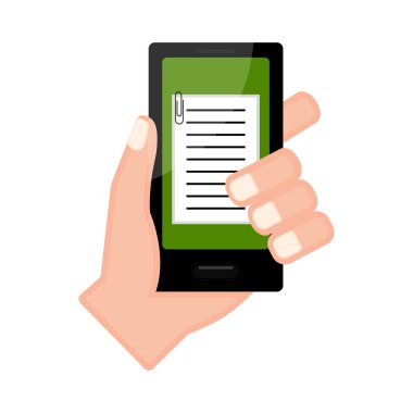Bir smartphone ile bir kağıt simgesi tutan el