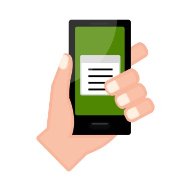 Bir smartphone ile bir kağıt simgesi tutan el