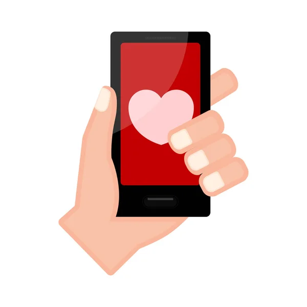 Hand met een smartphone met een hart vorm pictogram — Stockvector