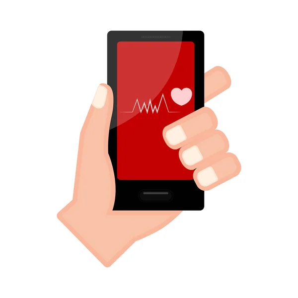 Handen håller en smartphone med hjärta form ikonen — Stock vektor