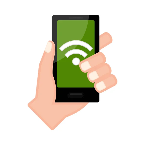 Hand holding a smartphone with a wifi icon — Stock Vector