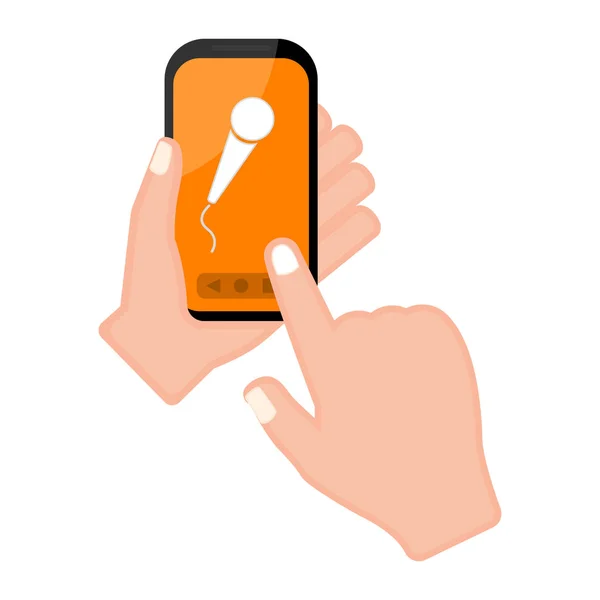 Χέρι που κρατάει ένα smartphone με ένα εικονίδιο μικροφώνου — Διανυσματικό Αρχείο
