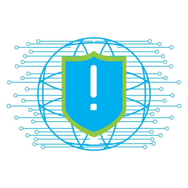 Símbolo de advertencia en un escudo. Seguridad cibernética — Vector de stock