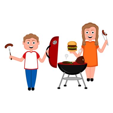 Çift bir Barbekü ızgara gıda hazırlama