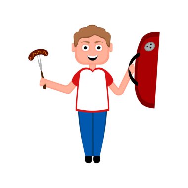 Bir sosis simgesi ile mutlu çocuk